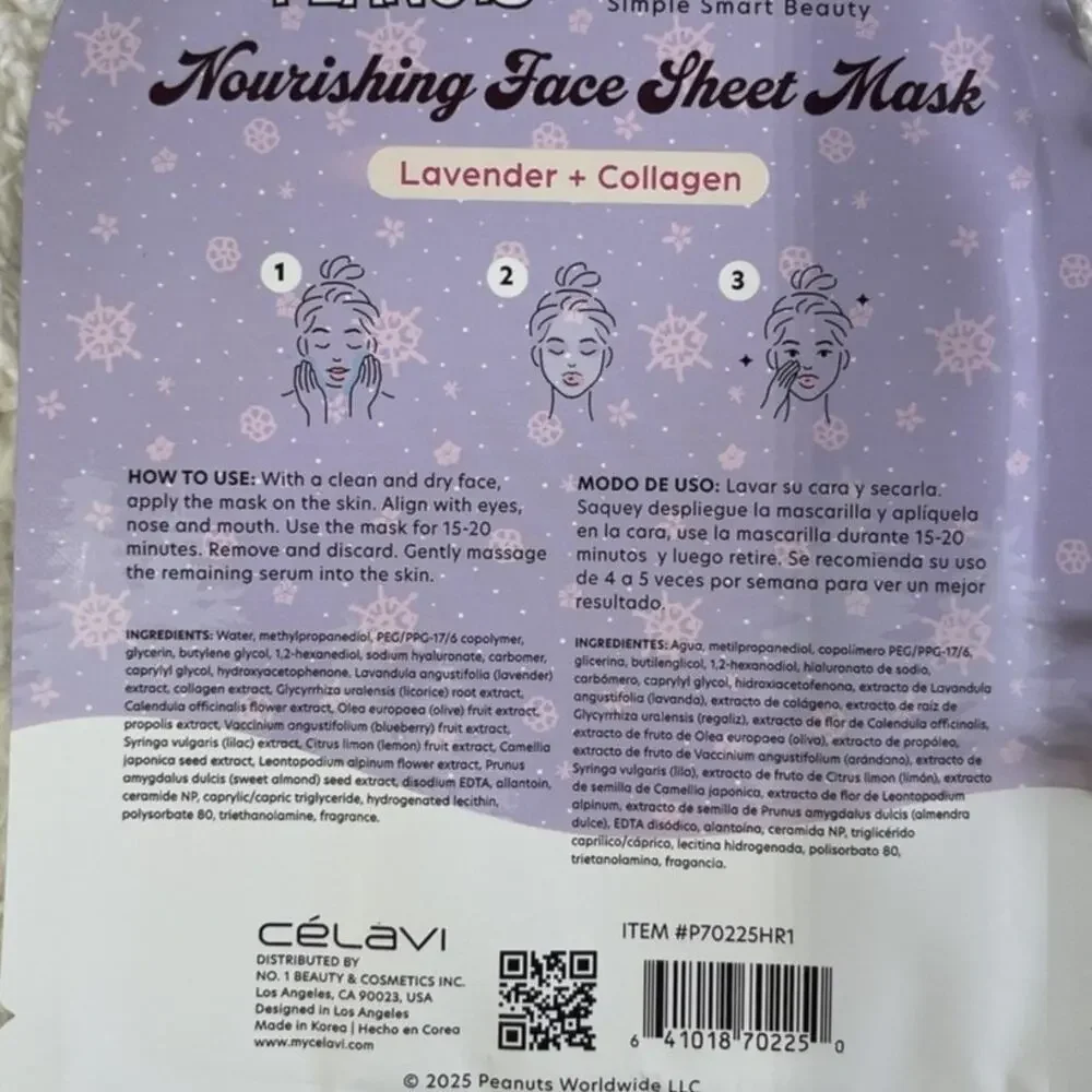 Celavi Peanuts Snoopy Nourishing Face Mask Lavender Collagen Hydrating Sheet
